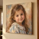 An oil-painted portrait of a little girl on a hanging canvas