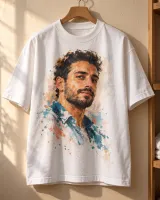 A white t-shirt printed with an artistic portrait