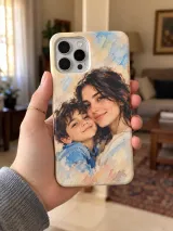 A phone case held in a hand, printed with a portrait of a mother and her son